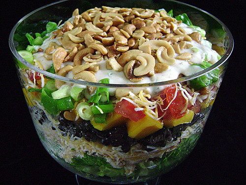 /><br/> <br/> LAYERED CARIBBEAN CHICKEN SALAD<br/> (Source: adapted from Pillsbury Annual Recipes 2006 cookbook)<br/> <br/> DRESSING: (you may want to double this!):<br/> 1 (6 oz. each) containers 99% fat free Pina Colada yogurt<br/> 1 1/2-2 Tbsp. lime juice<br/> 1 tsp. Caribbean jerk seasoning<br/> <br/> SALAD:<br/> 3 c. shredded romaine lettuce<br/> 2 c. cubed cooked chicken<br/> 4 oz. (1 c.) shredded Monterey Jack cheese<br/> 1 (15 oz.) can black beans, drained and rinsed<br/> 1 1/2 c. diced peeled ripe fresh mango<br/> 1/2 c. chopped seeded Italian plum tomatoes (1-2 medium)<br/> 4 oz. (1 c.) shredded cheddar cheese, divided<br/> 1/2 c. thinly sliced green onions (8 medium)<br/> 1/2 c. cashews<br/> <br/> In small bowl, mix all dressing ingredients until well blended.<br/> <br/> In 3-4 quart clear glass serving bowl, layer lettuce, chicken, 1/2 c. cheese, black beans, mango, tomatoes and remaining cheese.</span></div> <div><span style=